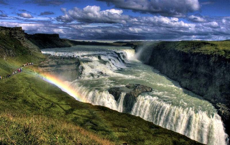 Gullfoss Waterfall — Green, Dramatic, Afternoon, Photograph, Rainbow