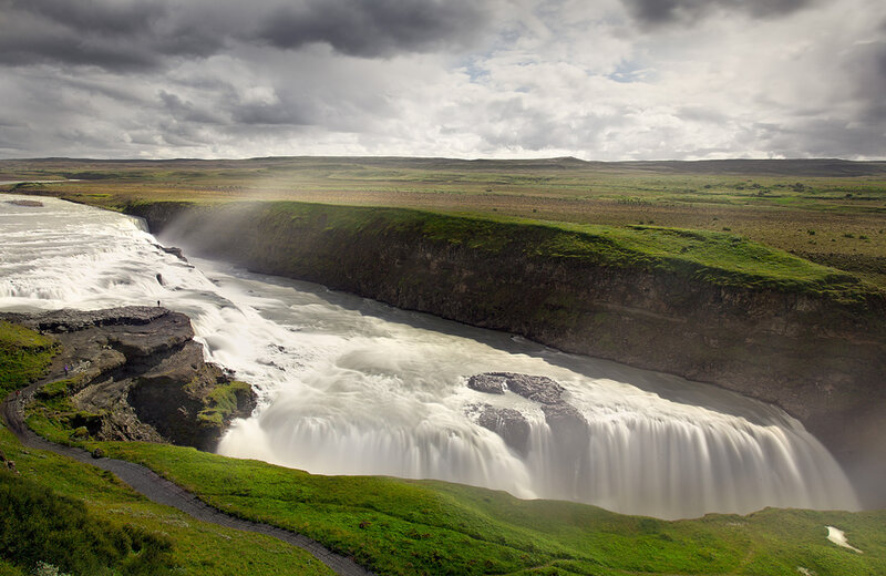 Gullfoss Waterfall — Green, Dramatic, Afternoon, Photograph, River, Cliff