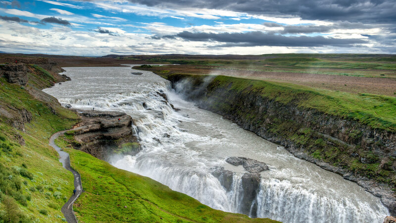 Gullfoss Waterfall — Green, Dramatic, Afternoon, Photograph, River, Cliffs, Path