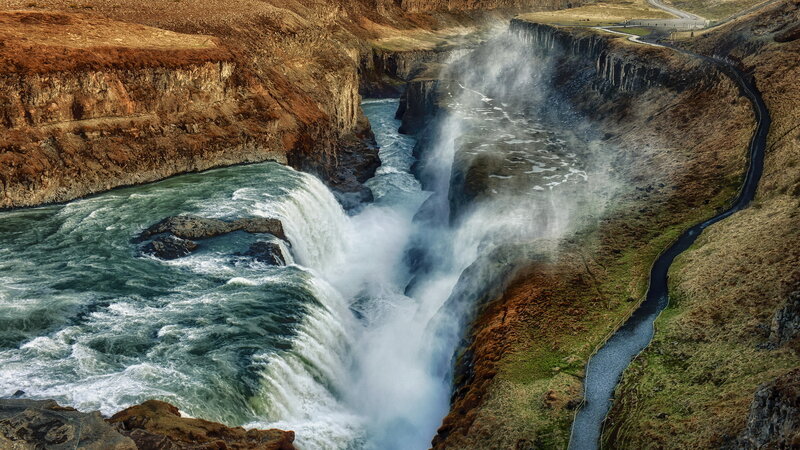 Gullfoss Waterfall — Green, Dramatic, Afternoon, Photograph, River, Cliffs