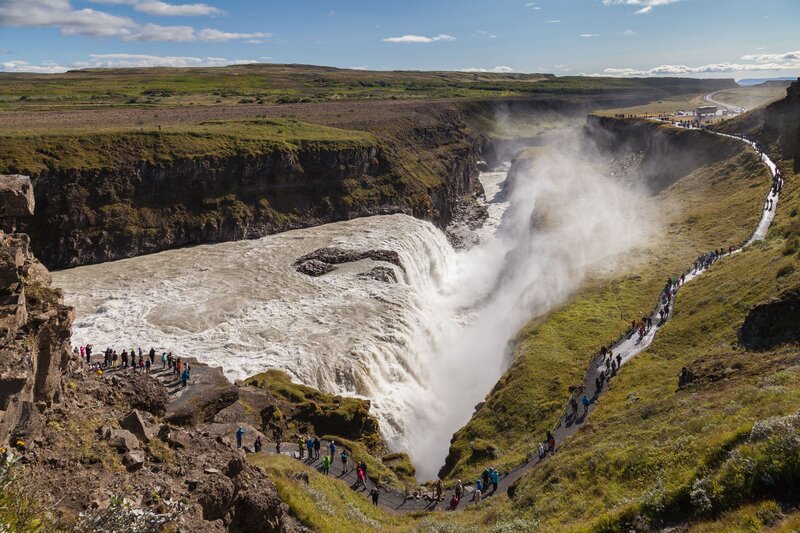 Gullfoss Waterfall — Green, Dramatic, Afternoon, Photograph, Tourists