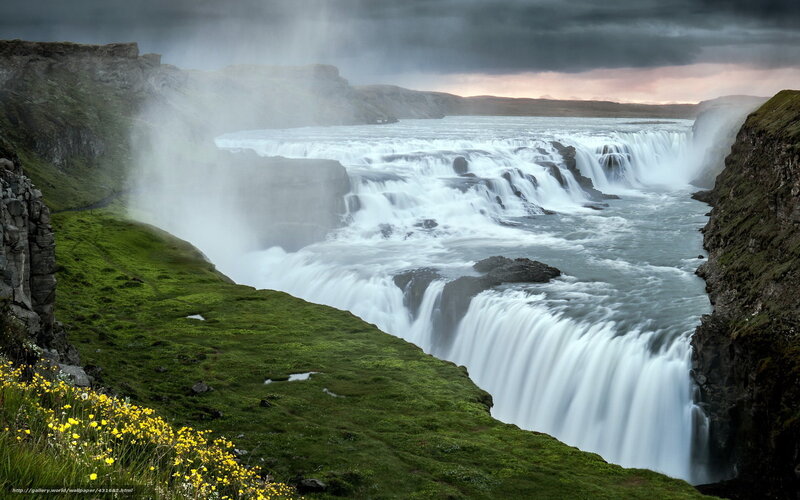 Gullfoss Waterfall — Green, Dramatic, Sunset, Photograph, Green Grass