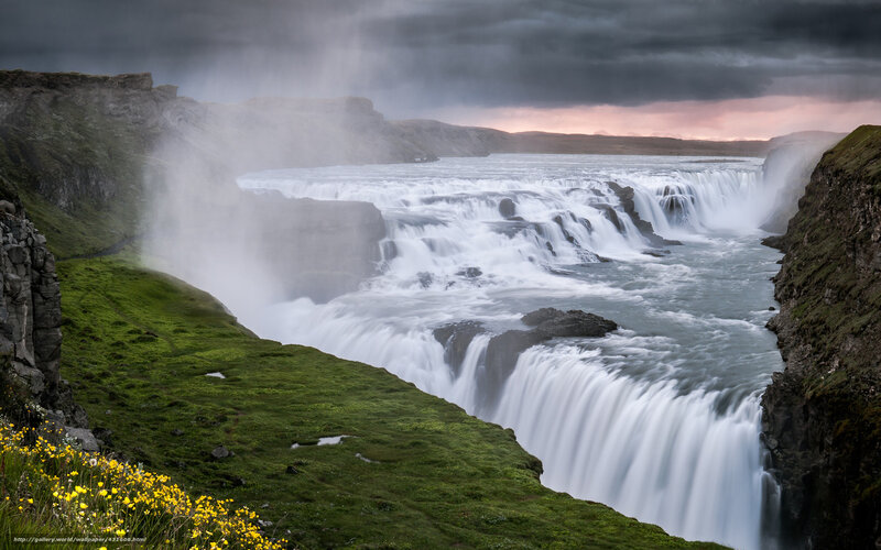 Gullfoss Waterfall — Green, Dramatic, Sunset, Photograph, River, Cliffs, Clouds