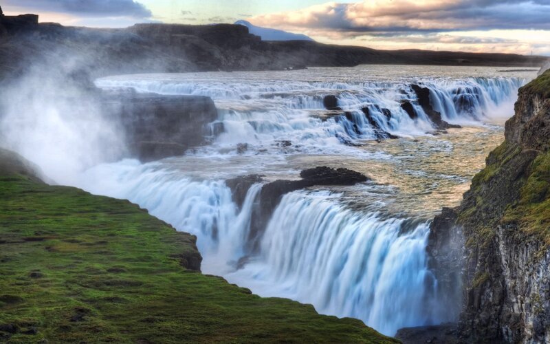 Gullfoss Waterfall — Green, Dramatic, Sunset, Photograph, River, Cliffs, Mist