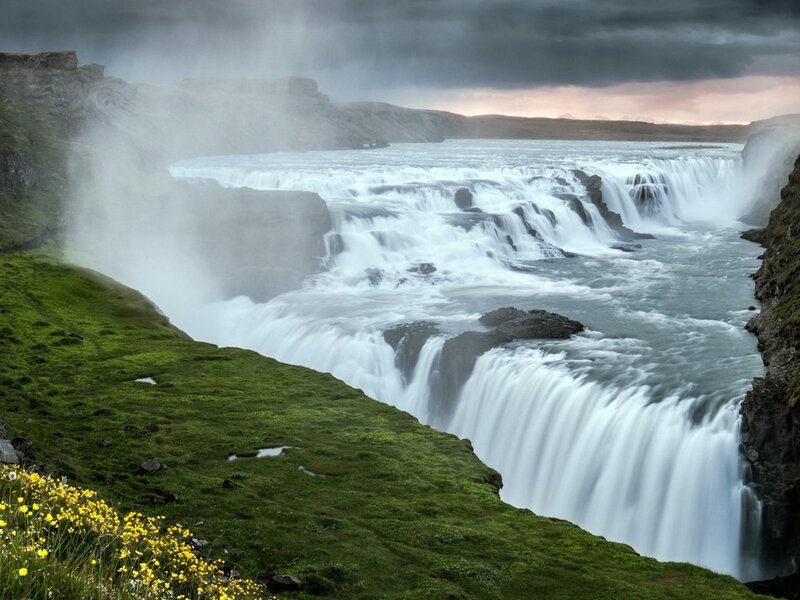 Gullfoss Waterfall — Green, Dramatic, Sunset, Photograph, River, Cliffs