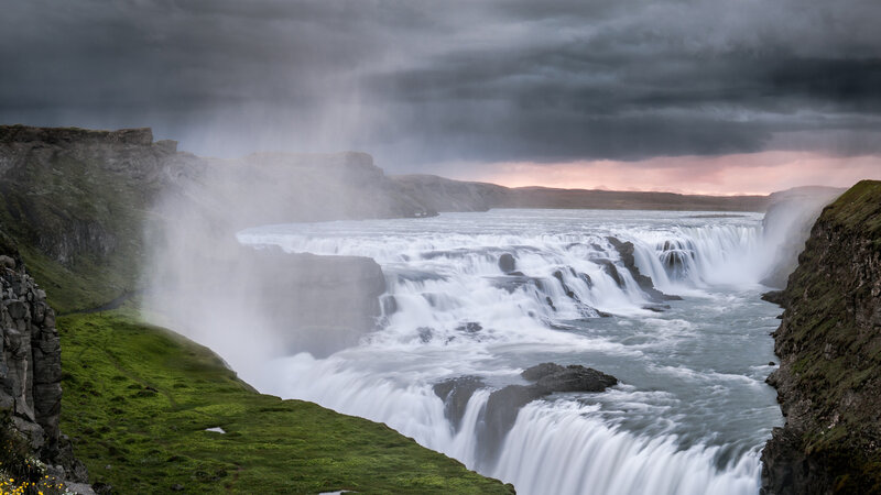 Gullfoss Waterfall — Green, Dramatic, Sunset, Photograph, River