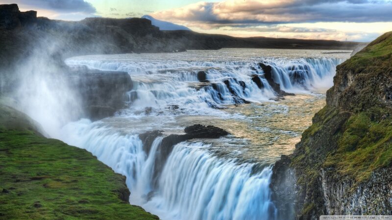 Gullfoss Waterfall — Green, Dramatic, Sunset, Photograph