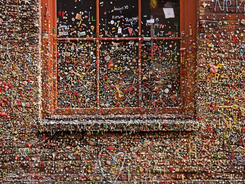 gum-covered window and wall