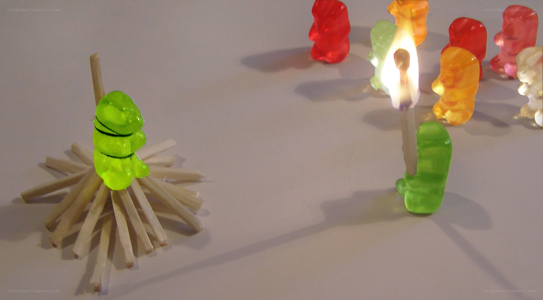 gummy bears around a campfire