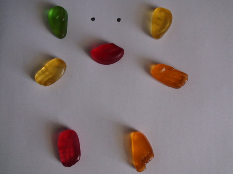 gummy candies arranged as a face