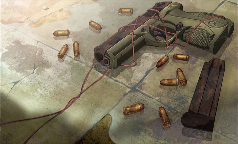 Gun and Bullets on Floor — Gray