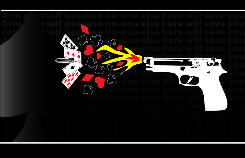 Gun firing cards and hearts