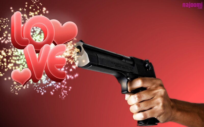 Gun firing love symbols