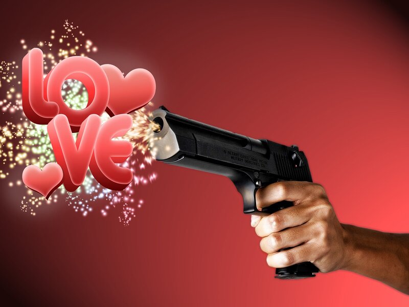 Gun firing love symbols