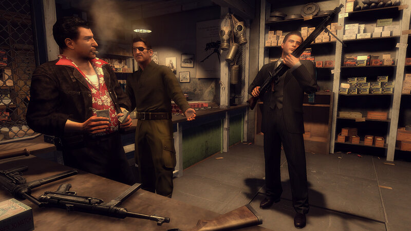 gun store scene with three men