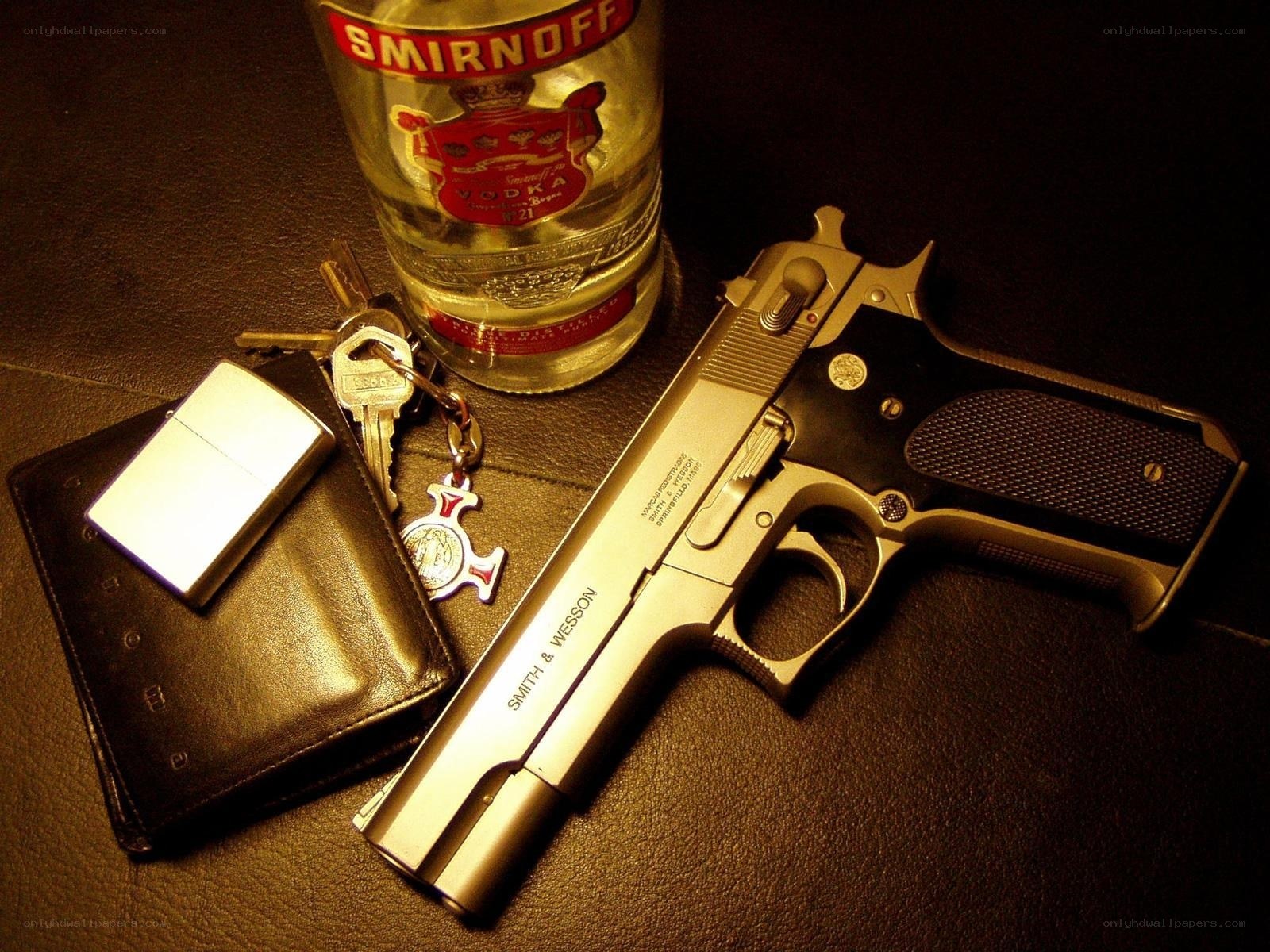 Gun, vodka, and wallet