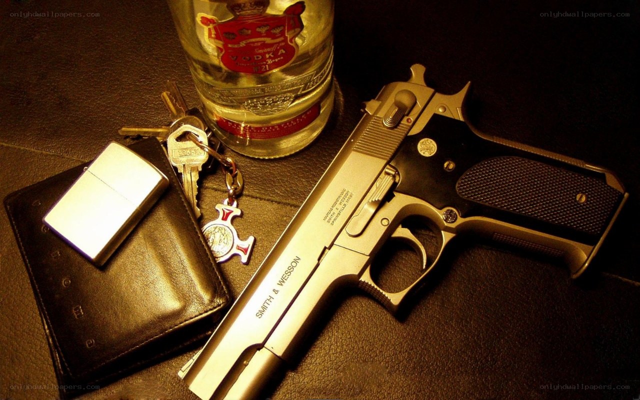 Gun with vodka and keys