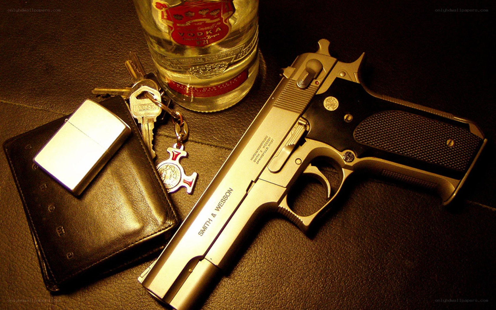 Gun with vodka and keys
