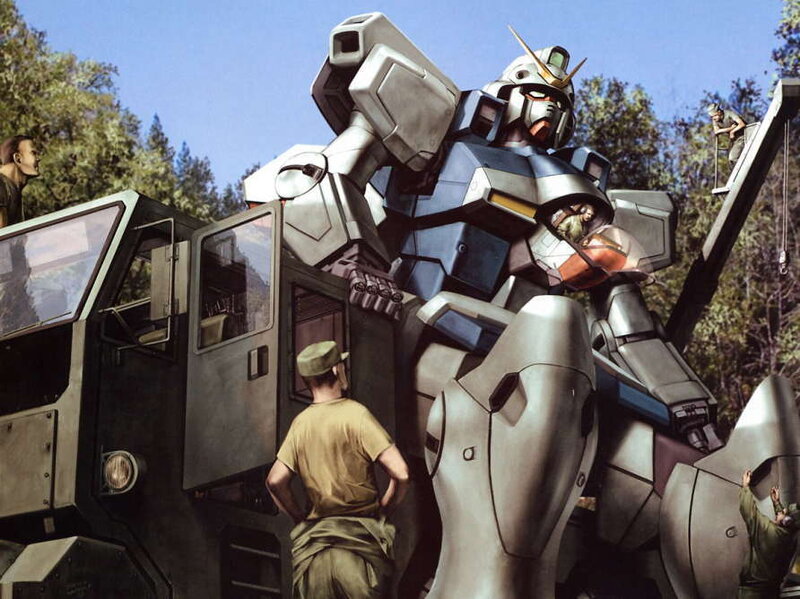 Gundam being loaded onto a truck