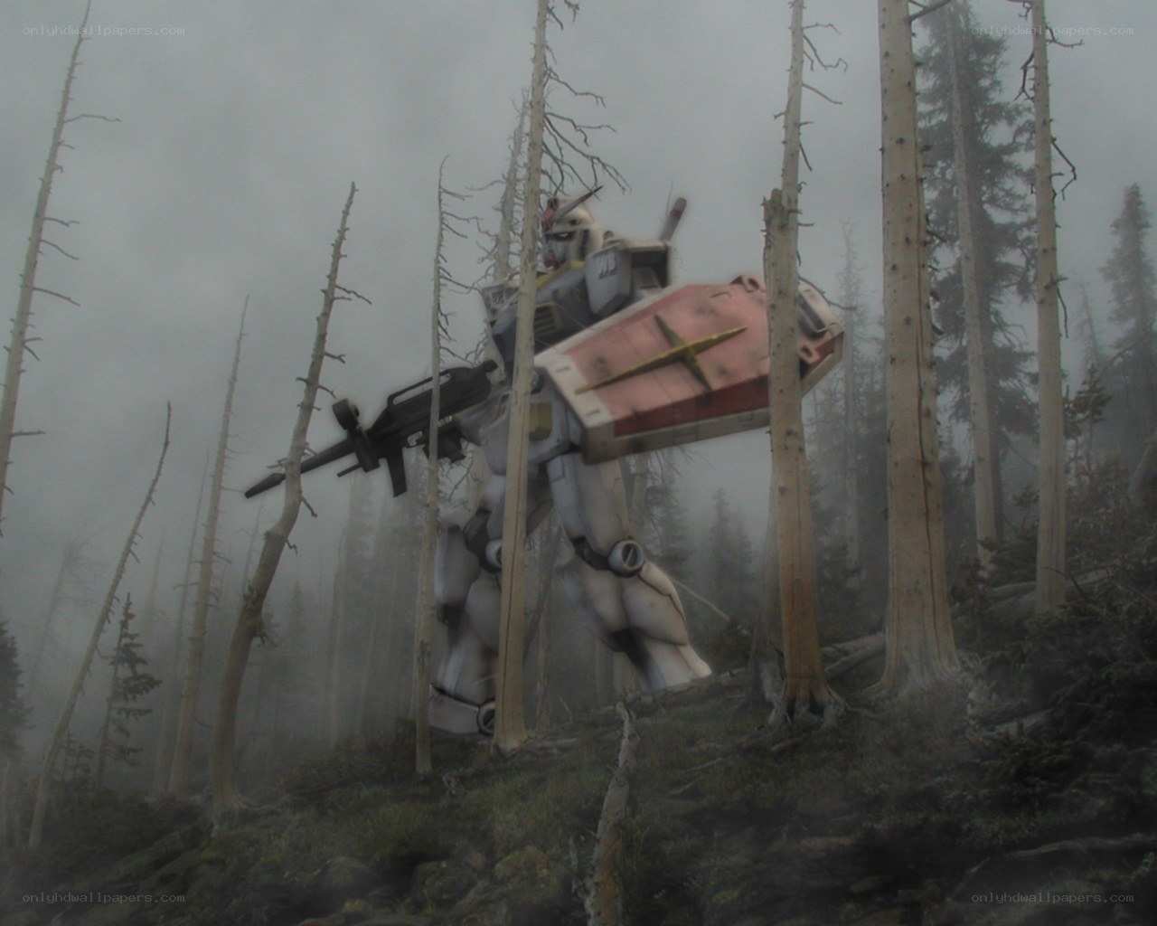 Gundam in a misty forest
