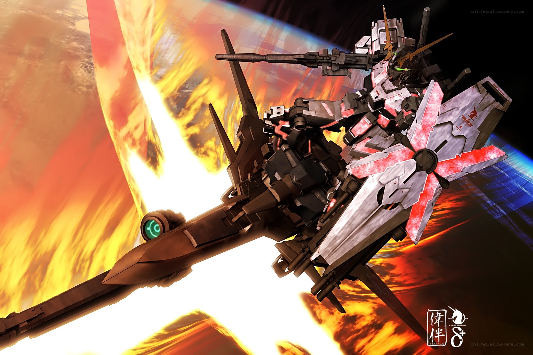 Gundam in fiery space battle
