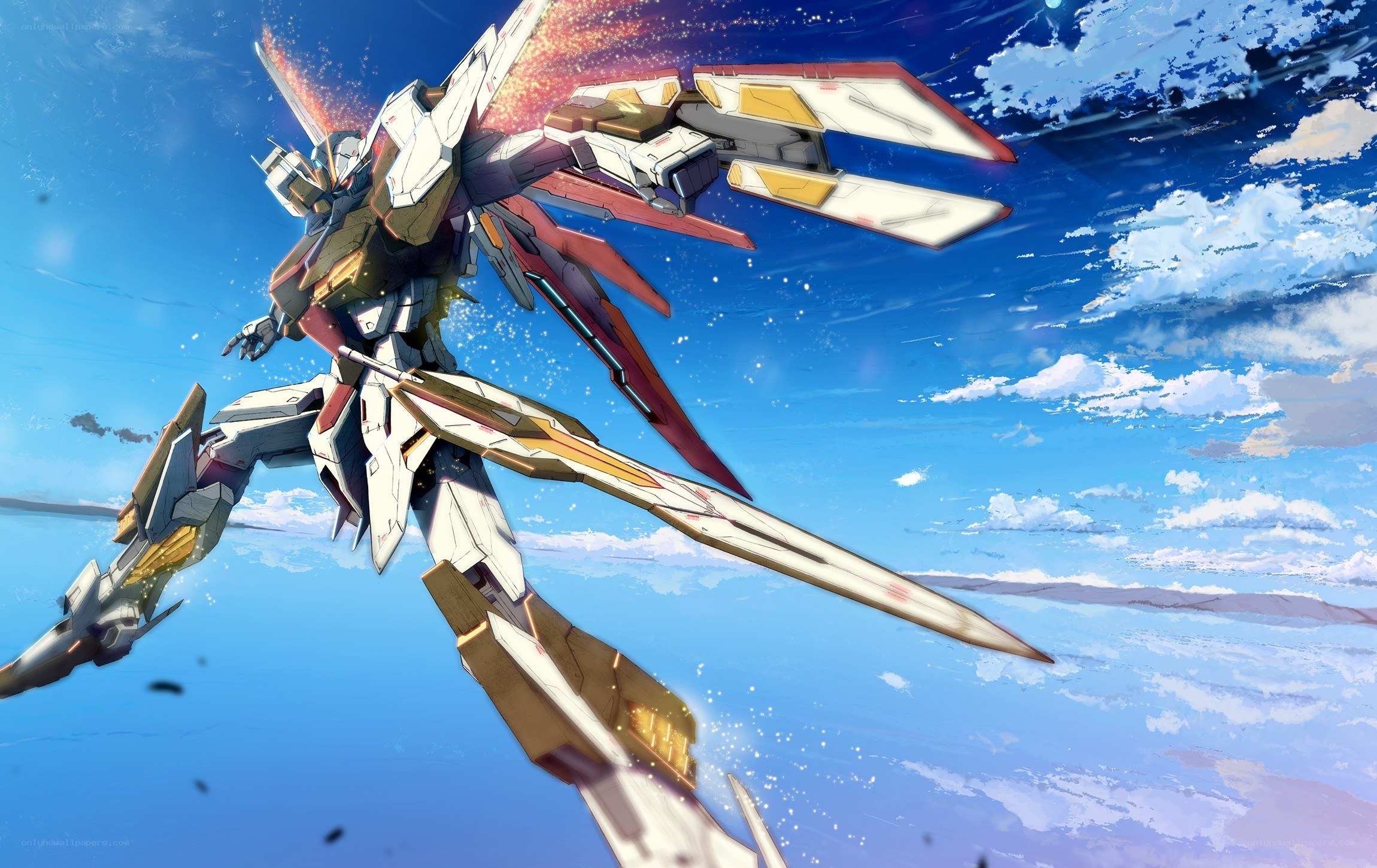 Gundam in flight over ocean