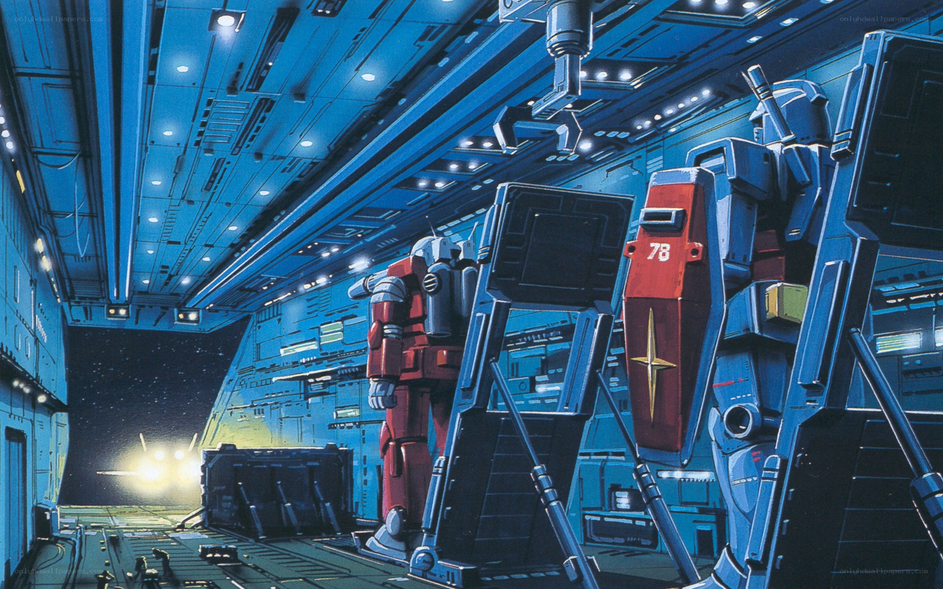 Gundam in hangar bay