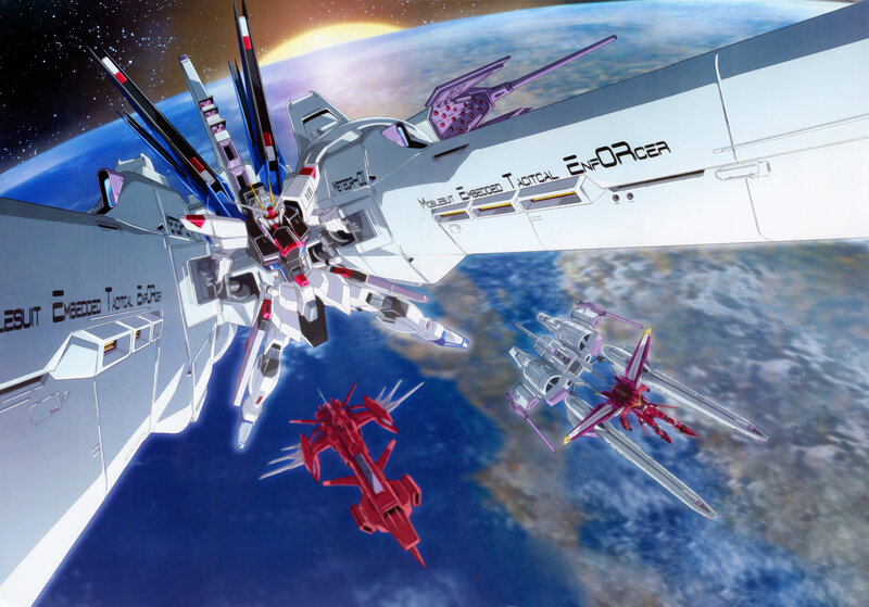Gundam in space with fighters