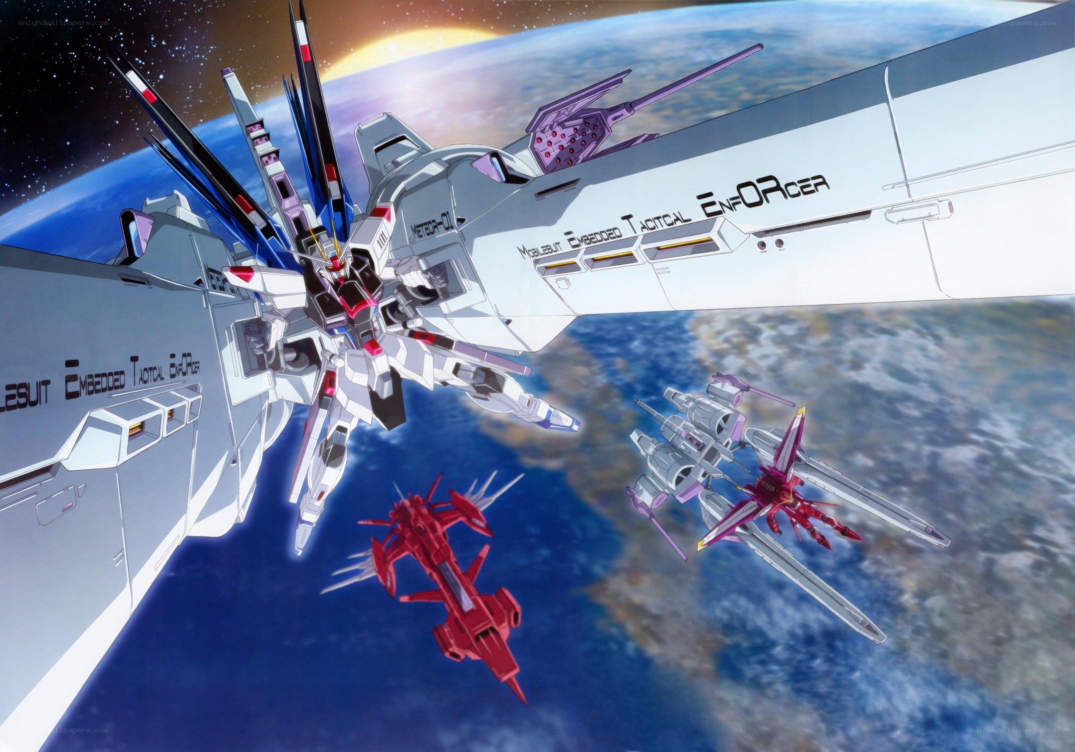 Gundam in space with fighters