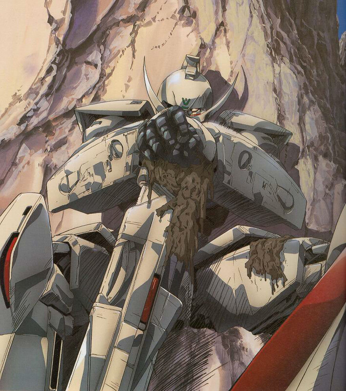 Gundam mech in rocky terrain