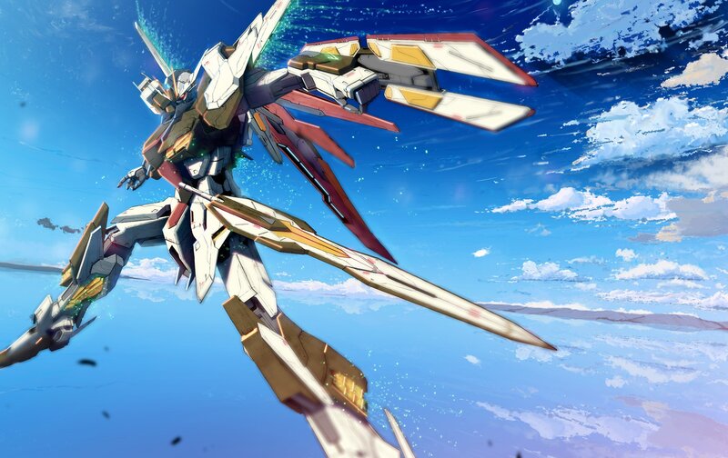 Gundam Mecha in Flight — Blue, Dramatic