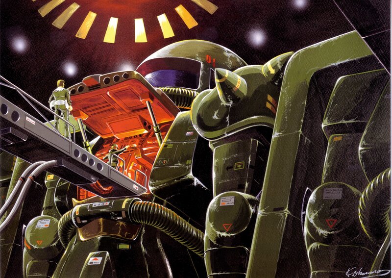 Gundam mecha in hangar
