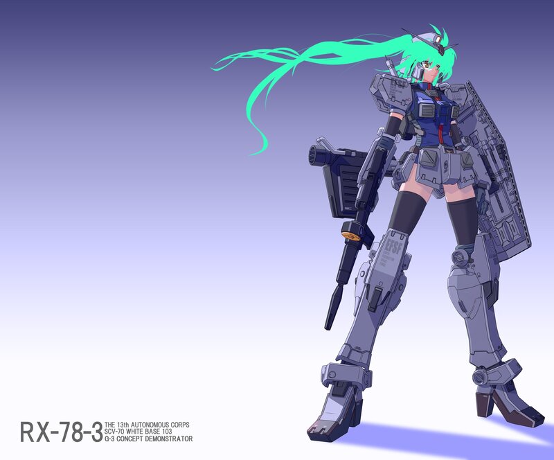 Gundam mecha with green hair
