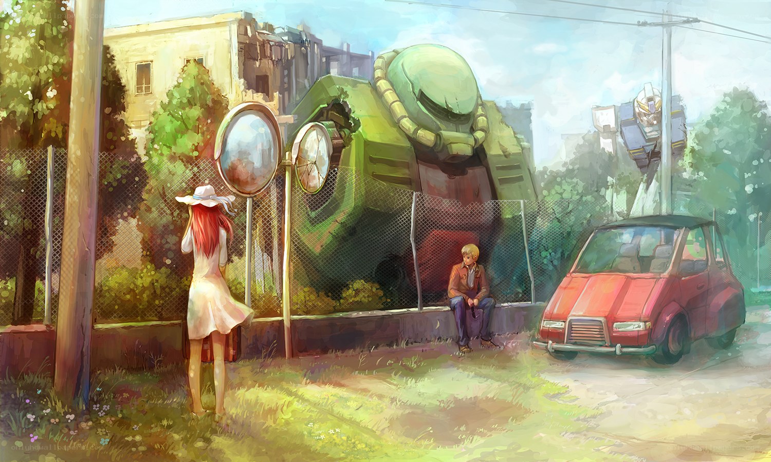 Gundam mechs at a bus stop