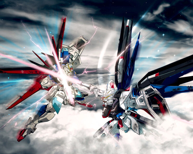Gundam mechs clash in sky battle