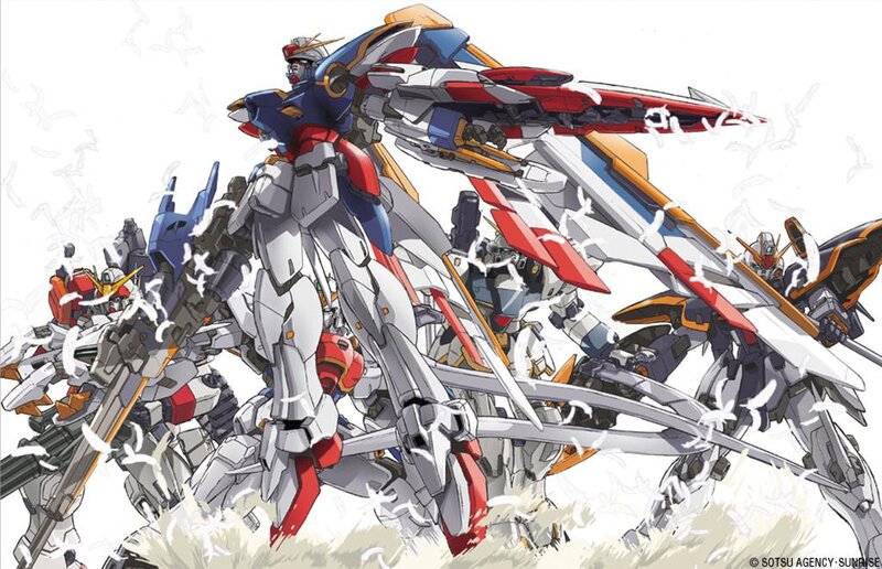 Gundam mechs in battle formation