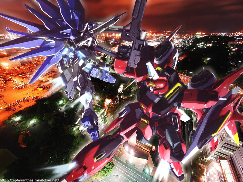 Gundam mechs in city battle