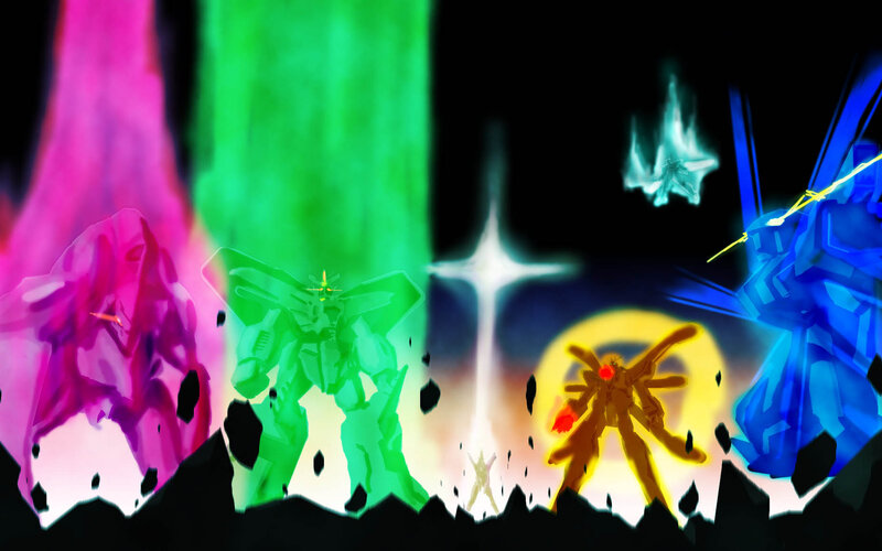 Gundam mechs in colorful beams