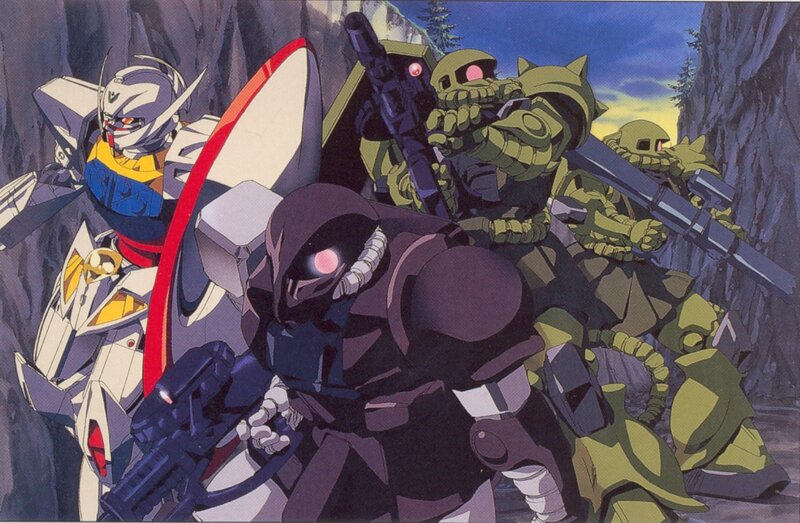 Gundam mechs in combat formation