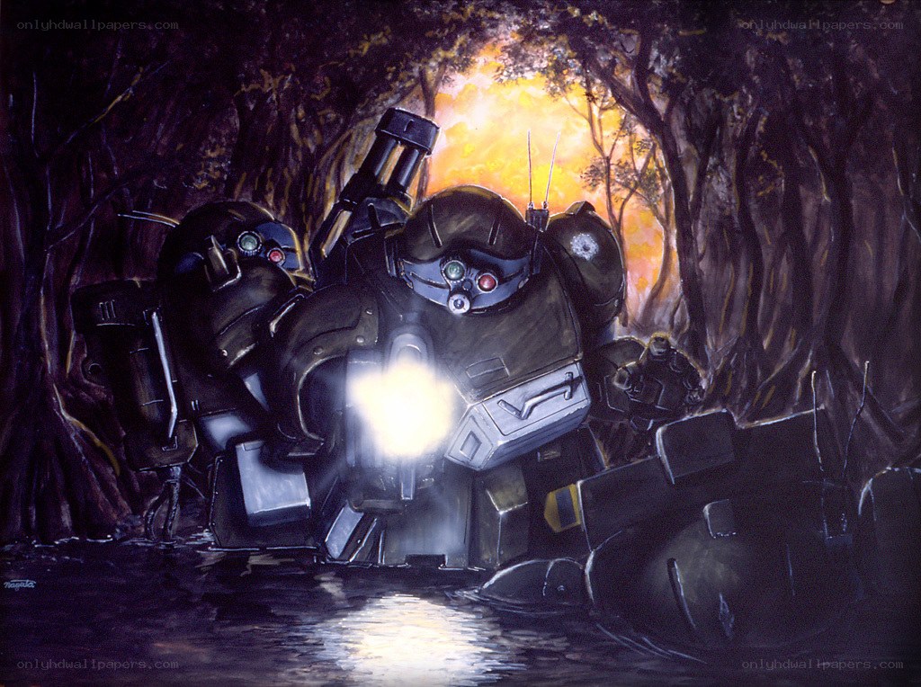 Gundam mechs in forest ambush