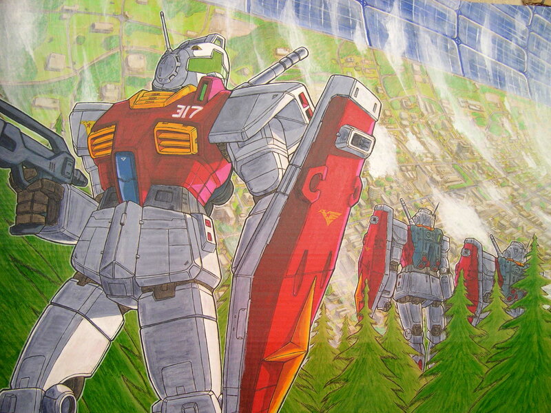 Gundam mechs in forest