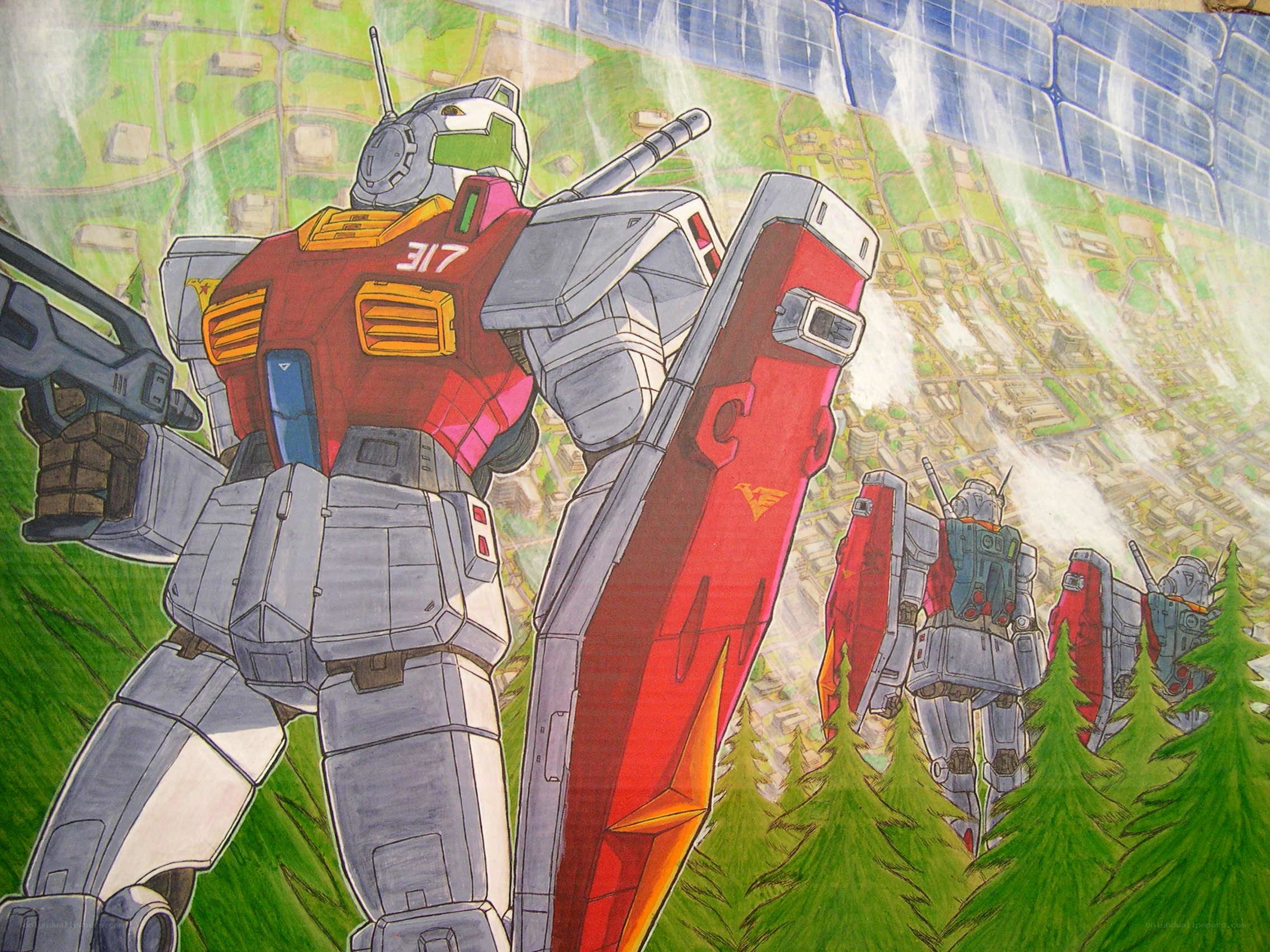 Gundam mechs in forest