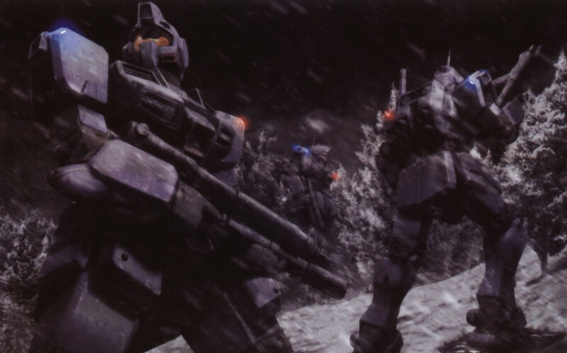 Gundam mechs in snowy battle