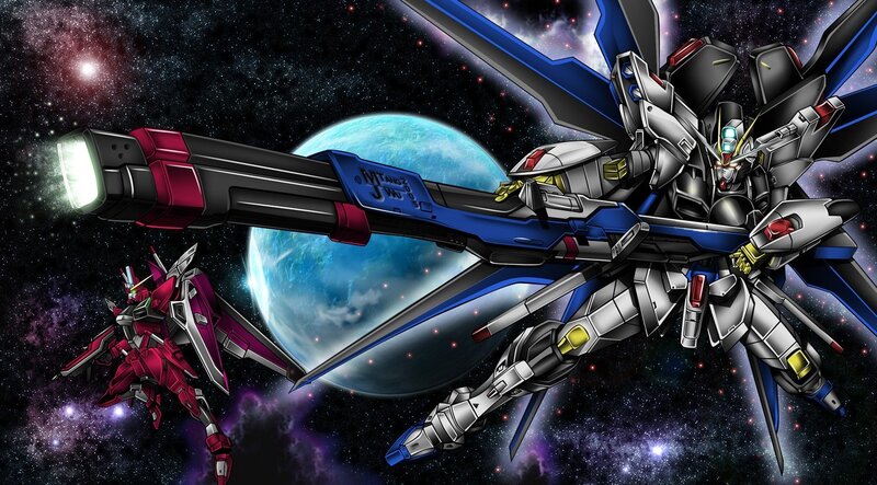 Gundam mechs in space