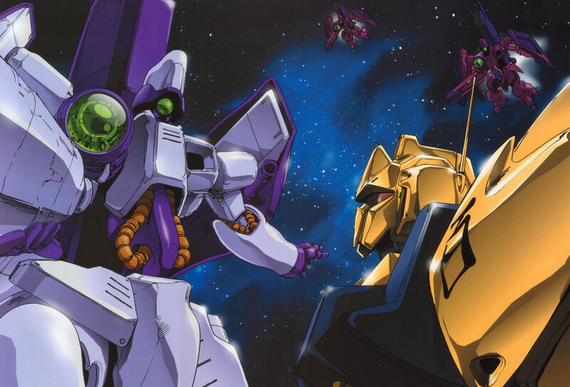 Gundam mechs in space battle