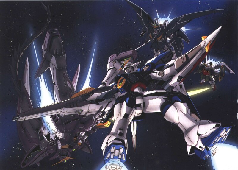 Gundam mechs in space battle