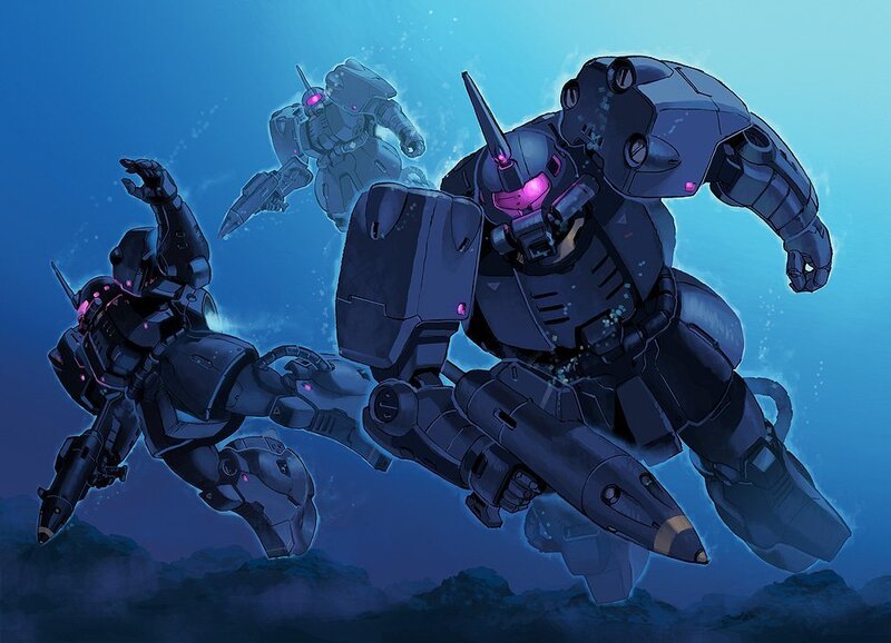 Gundam mechs in underwater battle