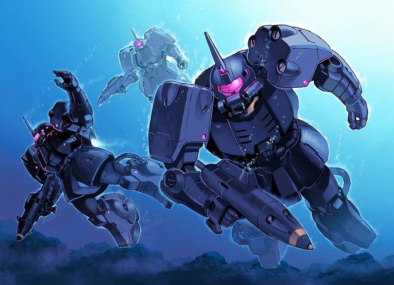Gundam mechs in underwater battle