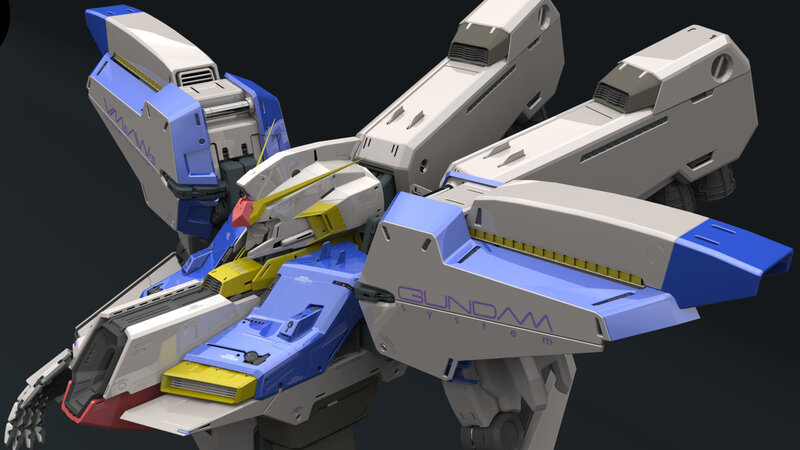 Gundam model with weapons