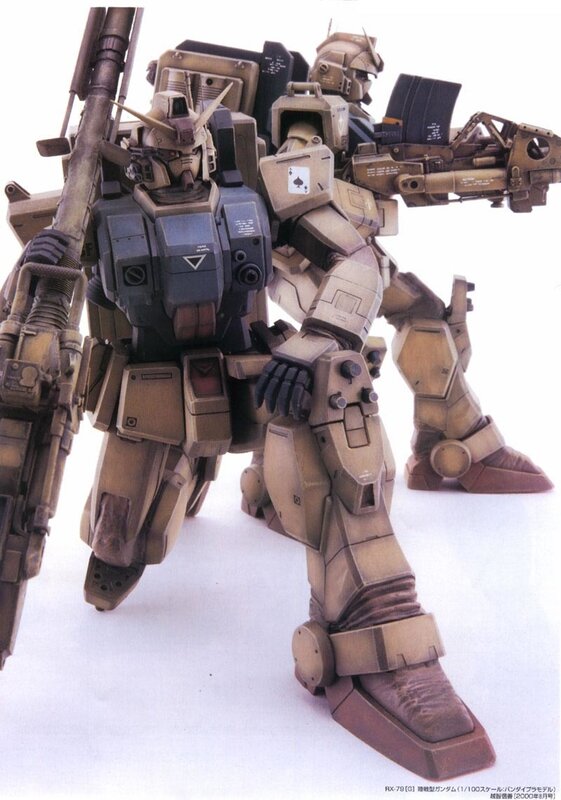 Gundam model with weapons